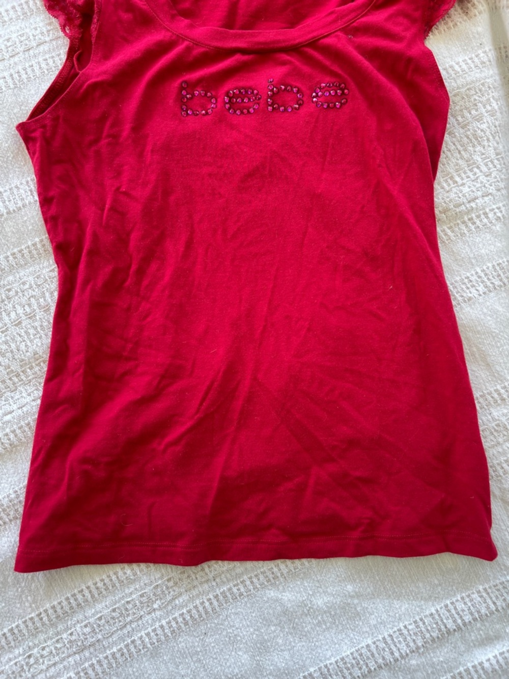 bebe Red Rhinestone Lace Sleeve Tee - Picture 5 of 6